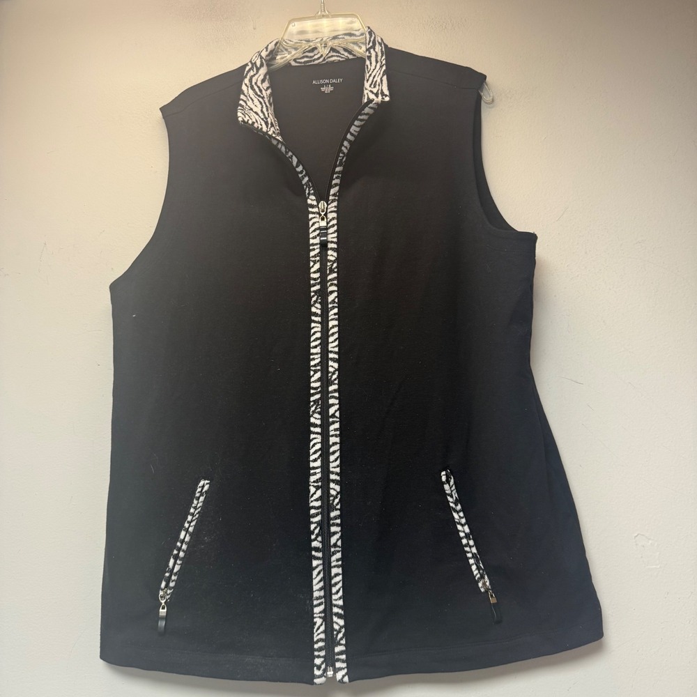 Allison Daley Vest Women Large Black Excellent Zebra Print Trim Full Zip 14445